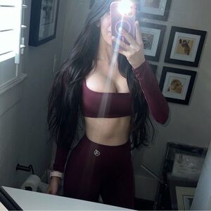 Burgundy Long Sleeve Sports Bra & High Waist Leggings Set